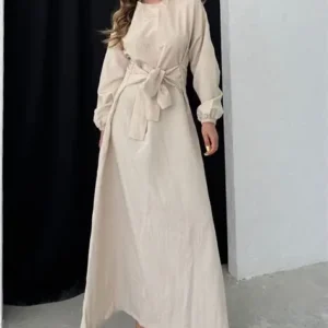 beige dress with a side knot at the waist